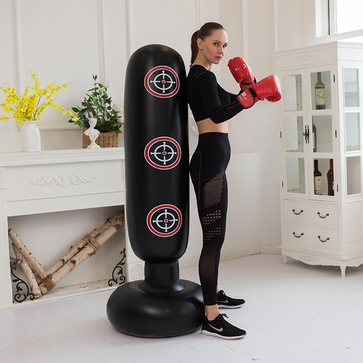 Punching Bag with Stand Adult, Inflatable Freestanding Heavy Duty Boxing Bag,Women Men Training Equipment Exercise Boxing Standing Punching Bag (Black).