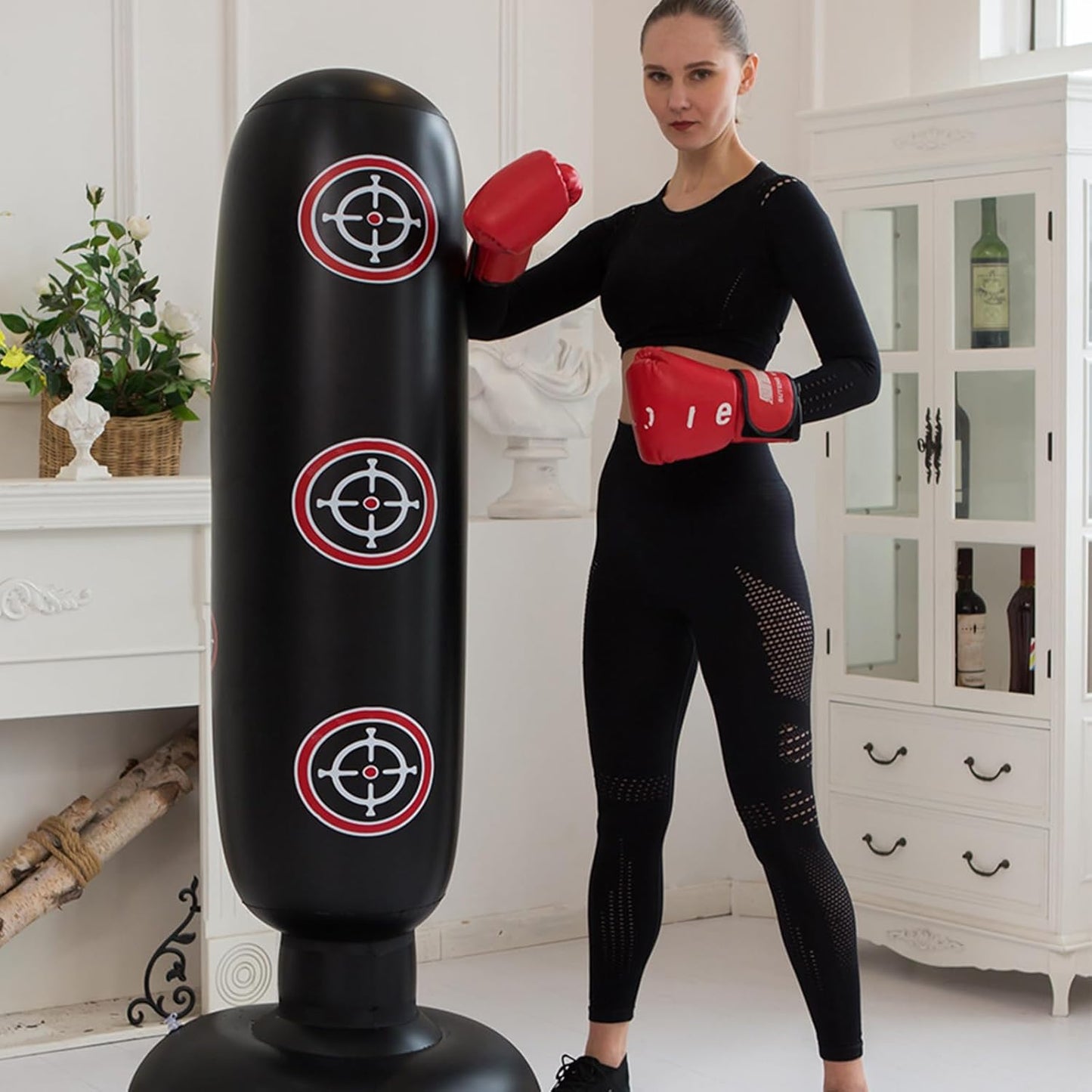 Punching Bag with Stand Adult, Inflatable Freestanding Heavy Duty Boxing Bag,Women Men Training Equipment Exercise Boxing Standing Punching Bag (Black).